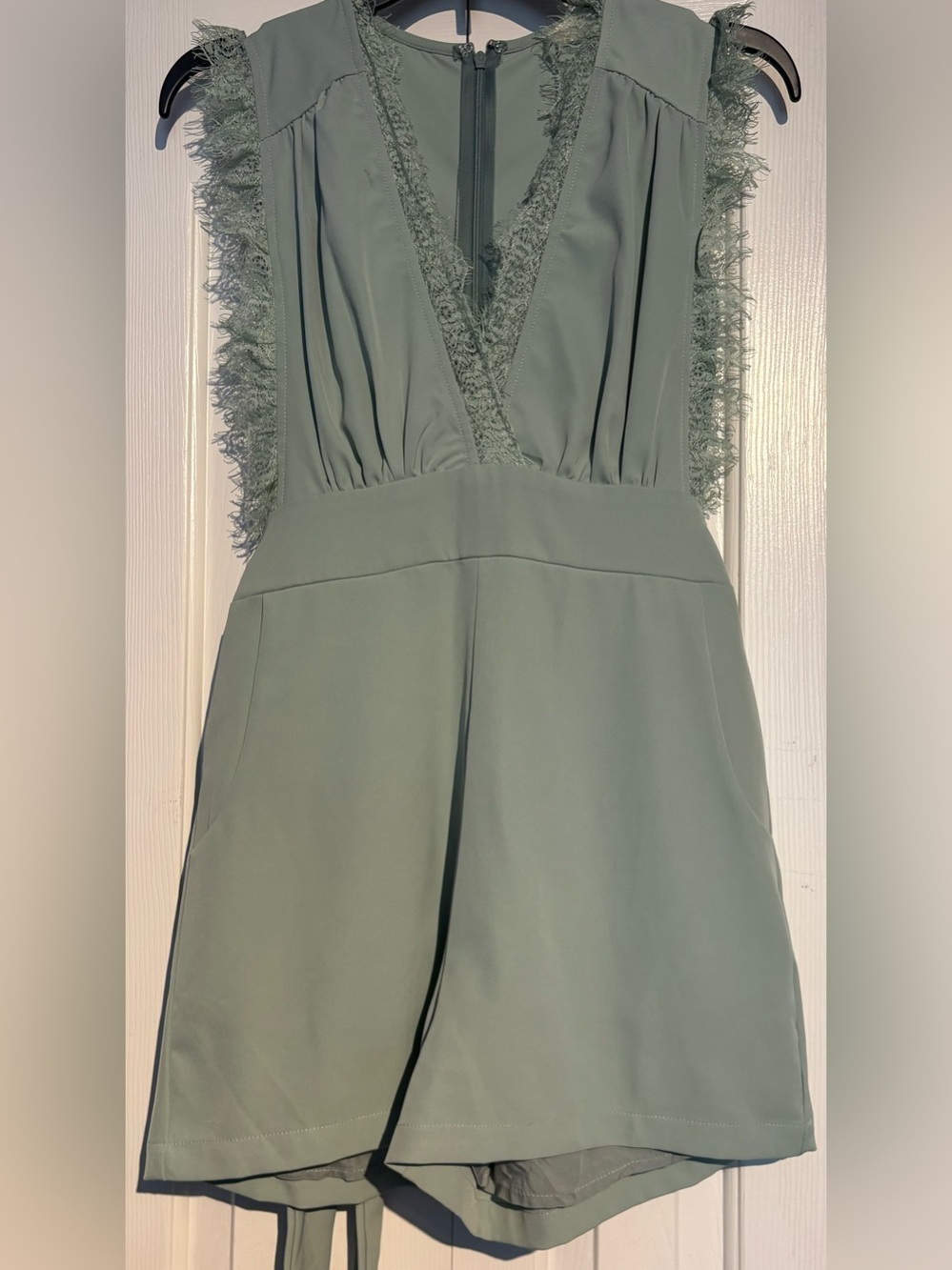 Altar'd State Sage Green Fringe Trim V-Neck Dress